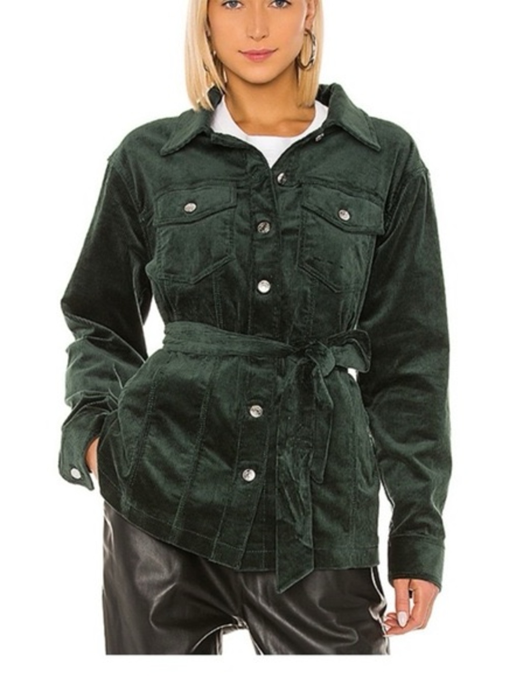 GRLFRND Denim Emerald Forest Corduroy Button Belt Shirt Shacket Utility Jacket S